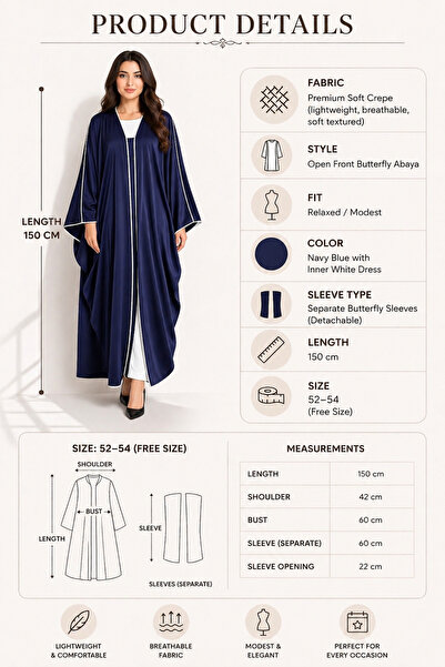 Nozayra Navy Blue Abaya Set – Open Abaya + Inner Dress + Hijab – Modest Wear