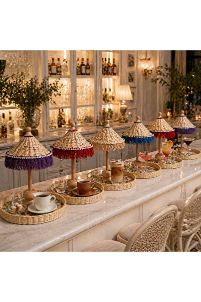 Marrone 6 Adet Kaliteli Rattan Bali Şemsiyesi Ve Tepsisi Otel Ve Kafe Restora...