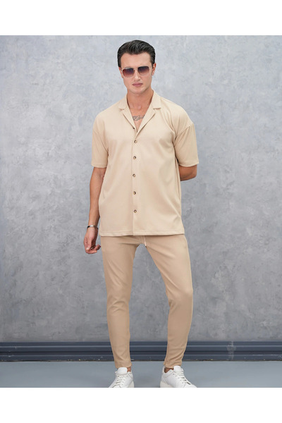 MODEFENDİ Wick Patterned Oversize Short Sleeve Shirt Set