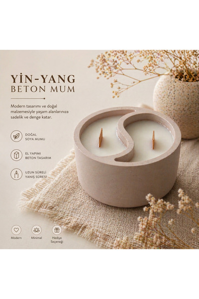 - YinYang Dekoratif Beton Ahşap Fitilli Mumluk ve Soya Mum