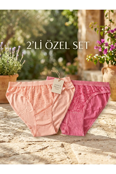 Shine Elagance Pembe somon rengi 2'li ön kısmı dantel arkası düz %94 pamuk tu...