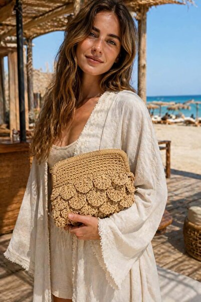 HAZAL KAYA ATELIER Camel Hand Knitted Straw Women's Bag – 25X20 cm