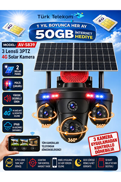 TRCharger S839 15MP 3 Kameralı 4G SIM Kartlı Solar Güvenlik Kamerası Çift Pan...