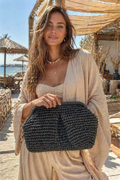 HAZAL KAYA ATELIER Brown Hand Knitted Straw Women's Bag – 33X20 cm