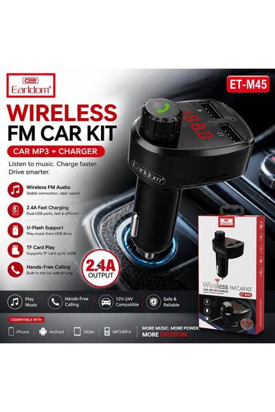 Earldom ET-M45 Wireless FM Transmitter Car Kit 2.4A Fast Charger Dual USB MP3 Player Hands-Free Calling TF Card & USB Support