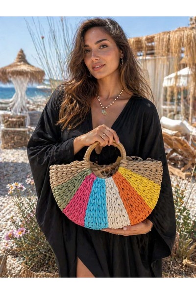 HAZAL KAYA ATELIER حقيبة نسائية من القش متعددة الألوان محبوكة يدويًا - 40x25 سم
