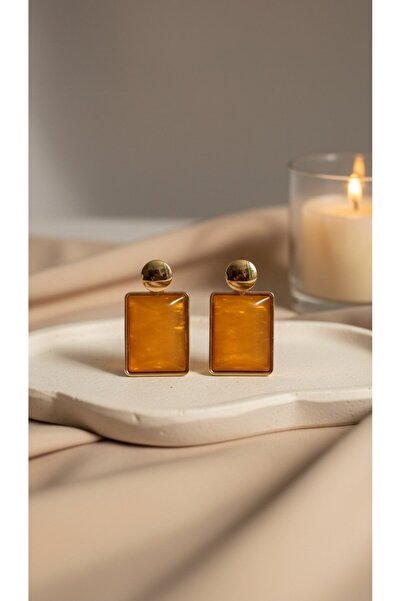 SR Jewelry Box Amber Parıltılı Dikdörtgen Küpe – Gold Detaylı Işıltılı Şık Ta...