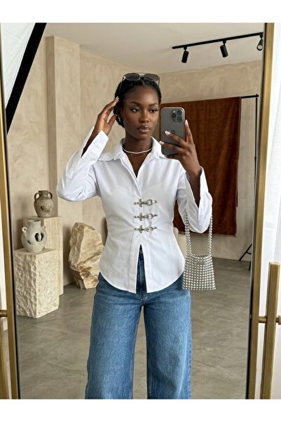 LOKADI Γυναικείο λευκό/μαύρο πουκάμισο ποπλίνα με κορδόνια στην πλάτη και κου...