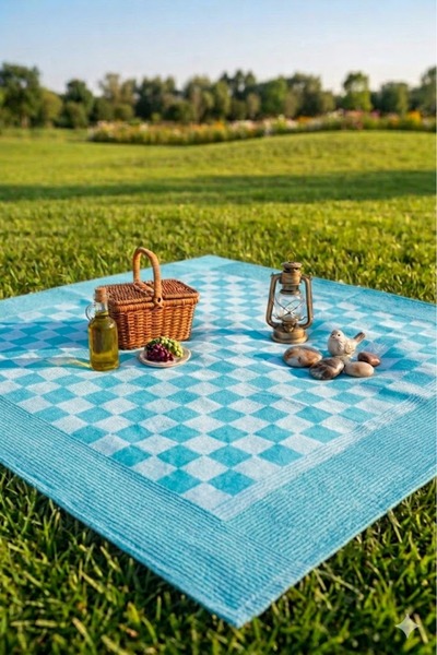 SUNDOKU HOME Damalı Kenar Bordürlü Masa Örtüsü 140x140 cm Sofra Bezi,Piknik Ö...