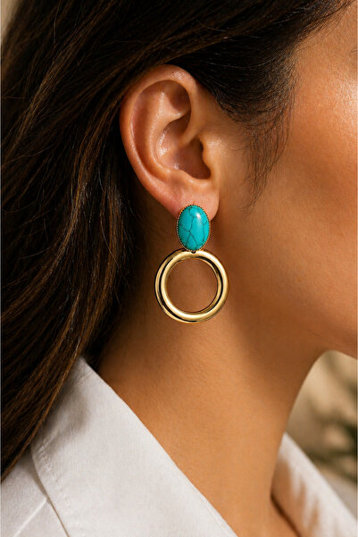 POYASE Turquoise Natural Stone Look Gold Color Hoop Earrings Non-Tarnish Plat...