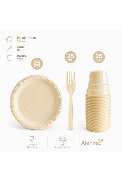 alenked Krem 3’lü Plastik Tabak Bardak Çatal Seti 25 Kişilik