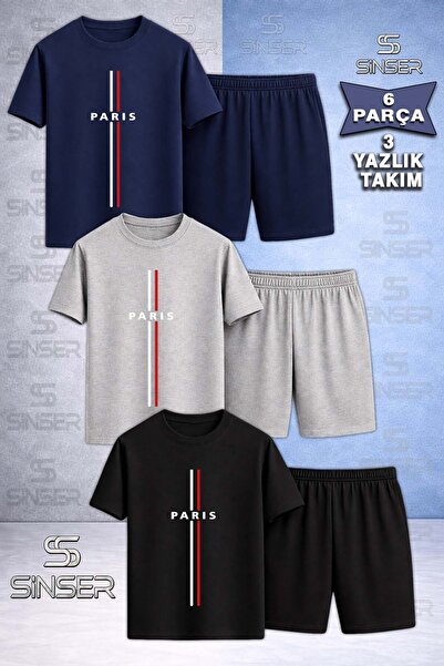 SS SİNSER Children's Paris Red and White Striped Printed Crew Neck 3-Piece T-...