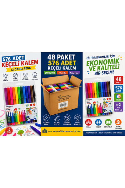 Kids 48 Paket 576 Adet Keçeli Kalem Seti – 12 Renk Okul, Kreş Fırsat Ürünü