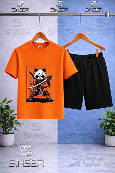 SS SİNSER Children's Panda Ninja Sword Printed Crew Neck T-Shirt - Shorts Set