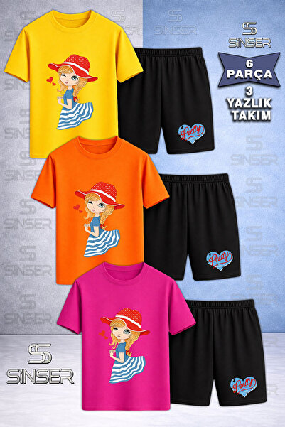 SS SİNSER Children's Anime Prty Girls Red Hat Printed Crew Neck 3-Piece T-Shi...