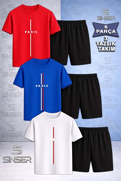SS SİNSER Children's Paris Red and White Striped Printed Crew Neck 3-Piece T-...