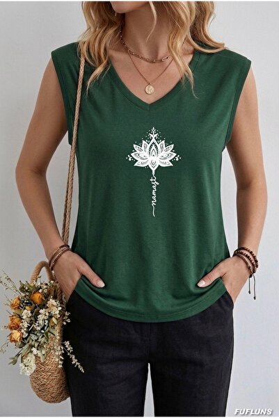 FUFLUNS Γυναικείο αμάνικο μπλουζάκι με στάμπα Ναμάστε Λωτός