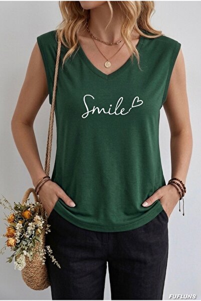 FUFLUNS تي شيرت نسائي بدون أكمام مطبوع عليه SMILE HEART