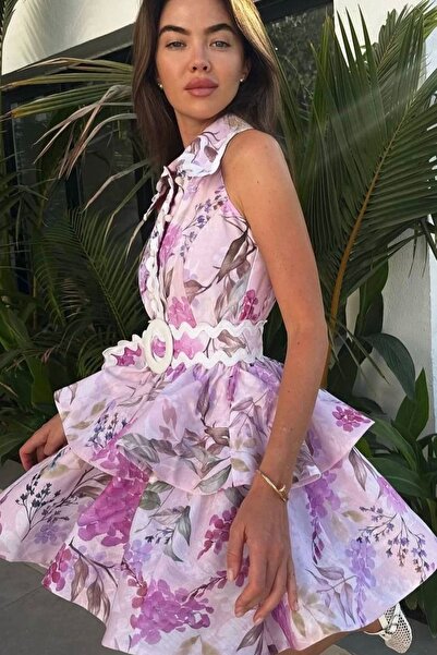 Pulli Collection Λινό μίνι φόρεμα με φλοράλ σχέδια και βολάν, με ζώνη