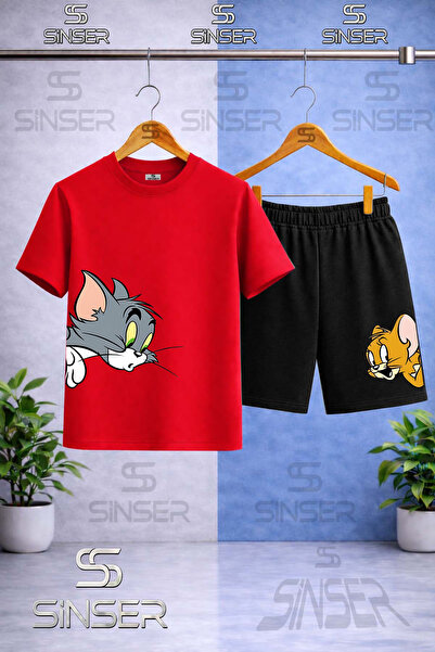 SS SİNSER Çocuk KEDI FARE TM JRY KAFALAR YANDA Baskılı Bisiklet Yaka Tişört -...