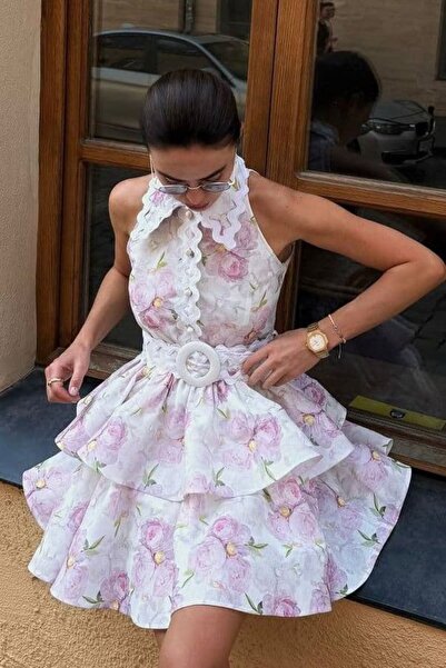 Pulli Collection Λινό μίνι φόρεμα με φλοράλ σχέδια και βολάν, με ζώνη