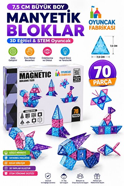 Oyuncak Fabrikası 70 Parça Manyetik Yapı Blokları 7,5 Cm Büyük Boy 3D Eğitici...