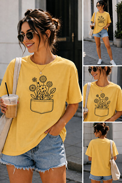 ArtYus Pocket Flower Minimal Printed Unisex Oversize T-Shirt – Cotton Crew Ne...