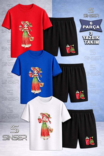 SS SİNSER Kids' Girls Watermelon Combination Printed Crew Neck 3-Piece T-Shir...