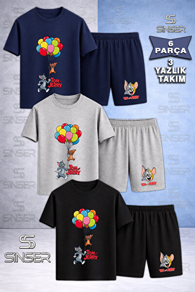 SS SİNSER Children's Cat Mouse Tm Jry Balloon Printed Crew Neck 3-Piece T-Shi...