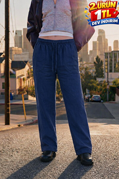 DAMGA JEANS Γυναικείο ψηλόμεσο φαρδύ καλοκαιρινό λινό παντελόνι jogger σε μπλ...