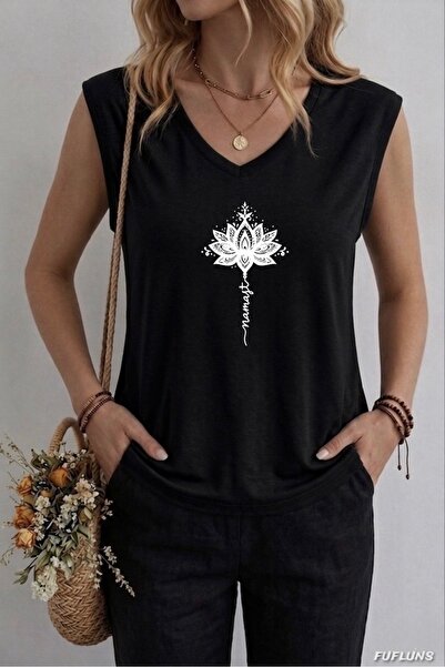 FUFLUNS Γυναικείο αμάνικο μπλουζάκι με στάμπα Ναμάστε Λωτός