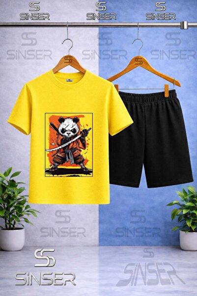 SS SİNSER تي شيرت للأطفال مطبوع عليه PANDA NINJA SWORD برقبة دائرية - طقم شورت