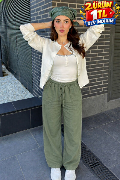 DAMGA JEANS Γυναικείο Casual Premium Χαλαρό Καλοκαιρινό Πράσινο Λινό Παντελόνι