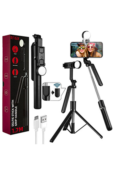 Tastech R16X 170CM Selfie Stick Led Işıklı Bluetooth Uzaktan Kumandalı 360 De...
