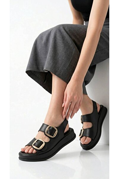 Lidora Women's Black Buckle Flat Sole Sandals Ayk2050