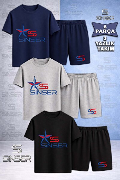 SS SİNSER Children's Star Printed Crew Neck 3-Piece T-Shirt - Shorts Set