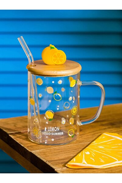 LC Waikiki LCW HOME Karışık Limon Baskılı Cam Pipetli Bardak 450 Ml