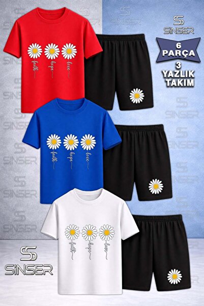 SS SİNSER Children's Papatya 3-Piece Printed Crew Neck 3-Piece T-Shirt - Shor...