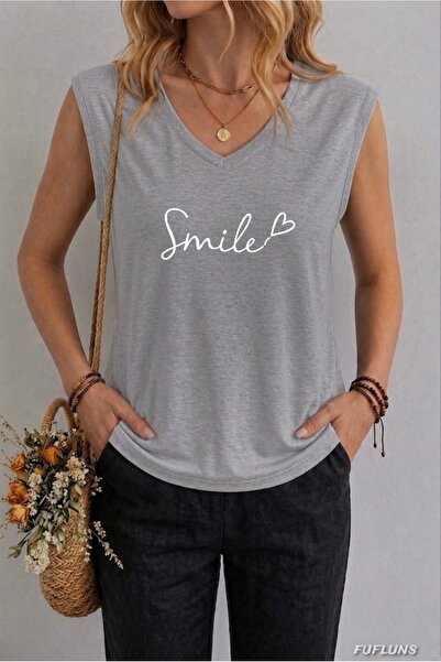 FUFLUNS تي شيرت نسائي بدون أكمام مطبوع عليه SMILE HEART
