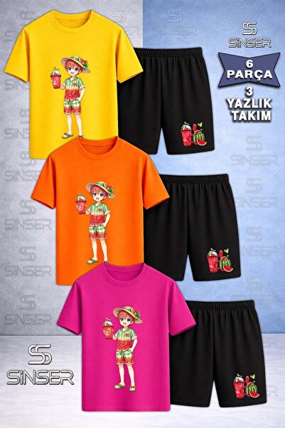 SS SİNSER Children's Boys Watermelon Combination Printed Crew Neck 3-Piece T-...
