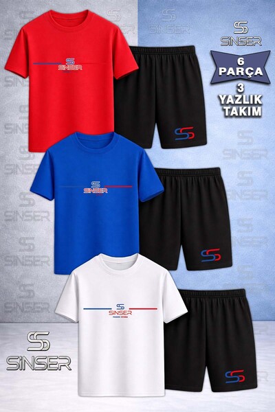 SS SİNSER Children's Yan One-Line Text Printed Crew Neck 3-Piece T-Shirt - Sh...