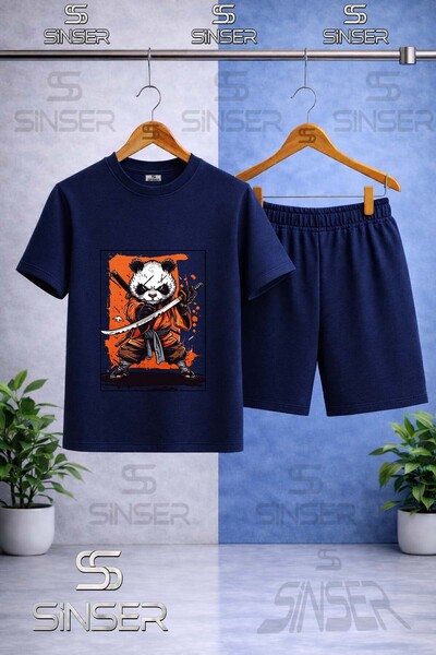 SS SİNSER تي شيرت للأطفال مطبوع عليه PANDA NINJA SWORD برقبة دائرية - طقم شورت