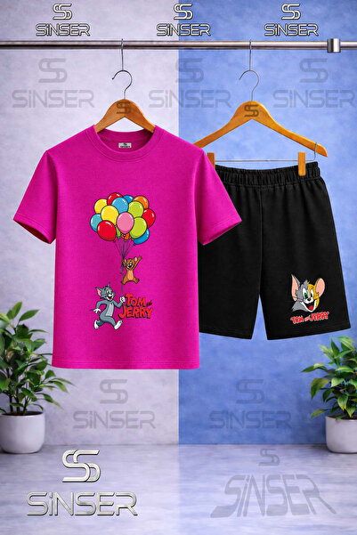 SS SİNSER Kids' Cat Mouse Tm Jry Balloon Printed Crew Neck T-Shirt - Shorts Set