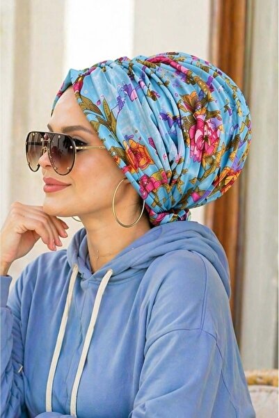 Aişe tesettür Μπλε καπέλο με λουλουδάτο σχέδιο και αγκράφα