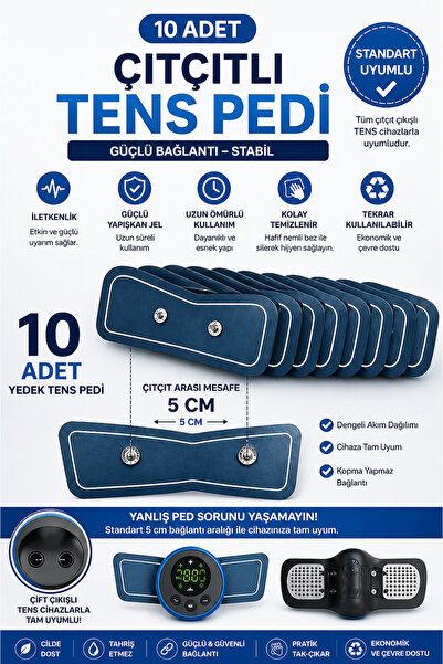 Uniquem Çıtçıtlı TENS Pedi 10 Adet 5cm Bağlantı 20x5cm EMS Yedek Ped