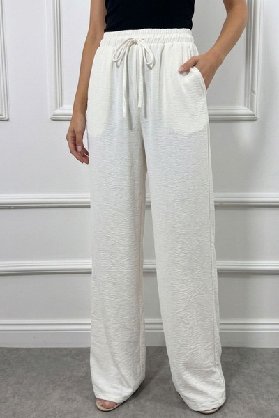 COTTONLAB Λευκό λινό παντελόνι με εφέ λινό και φαρδιά γραμμή, δεμένο στη μέση