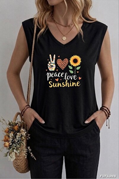 FUFLUNS تي شيرت نسائي بدون أكمام مطبوع عليه PEACE LOVE SUNSHINE