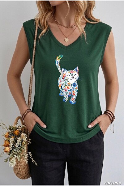 FUFLUNS ΓΥΝΑΙΚΕΙΟ ΑΜΑΝΙΚΟ ΜΠΛΟΥΖΑΚΙ OVERSIZE ΜΕ ΣΤΑΜΠΑ ΧΑΡΙΤΩΜΕΝΗ ΓΑΤΑ ΚΑΙ ΛΟ...