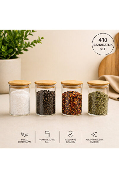 Pembelia Life طقم توابل زجاجي سعة 250 مل مع أغطية من الخيزران، 4 قطع