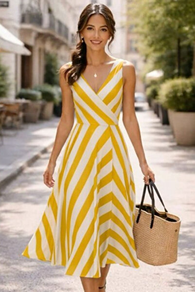 Modayakamoz Νέα σεζόν Γυναικείο φόρεμα μίντι με διπλό γιακά και ρίγες (χωρίς ...